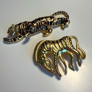 Vintage Gold Tone Enameled Panther and Zebra Brooches